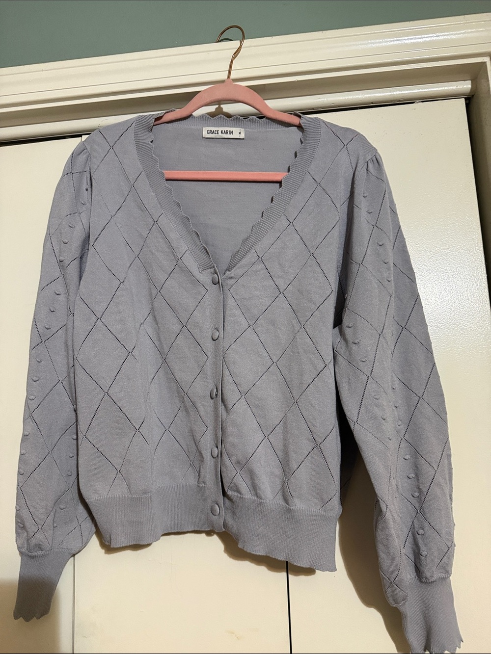 Grace Karin Light Lavender/Grey Diamond-Pattern V-Neck Cardigan NWOT